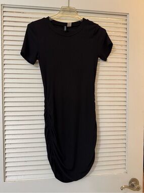 Divided Black Short-Sleeve Ruched Mini Dress